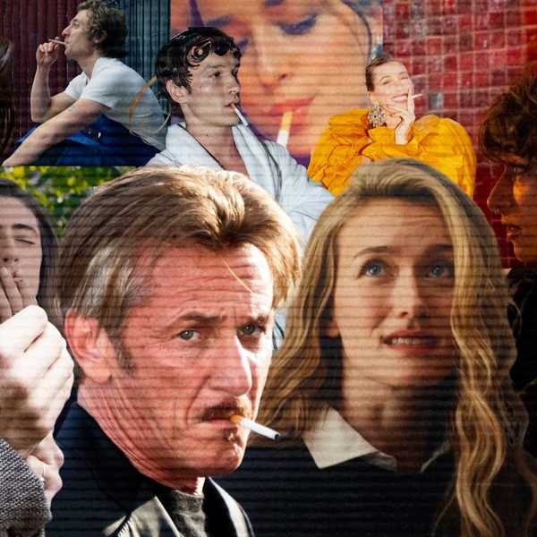 A collage of celebrities and characters from movies and TV smoking cigarettes
