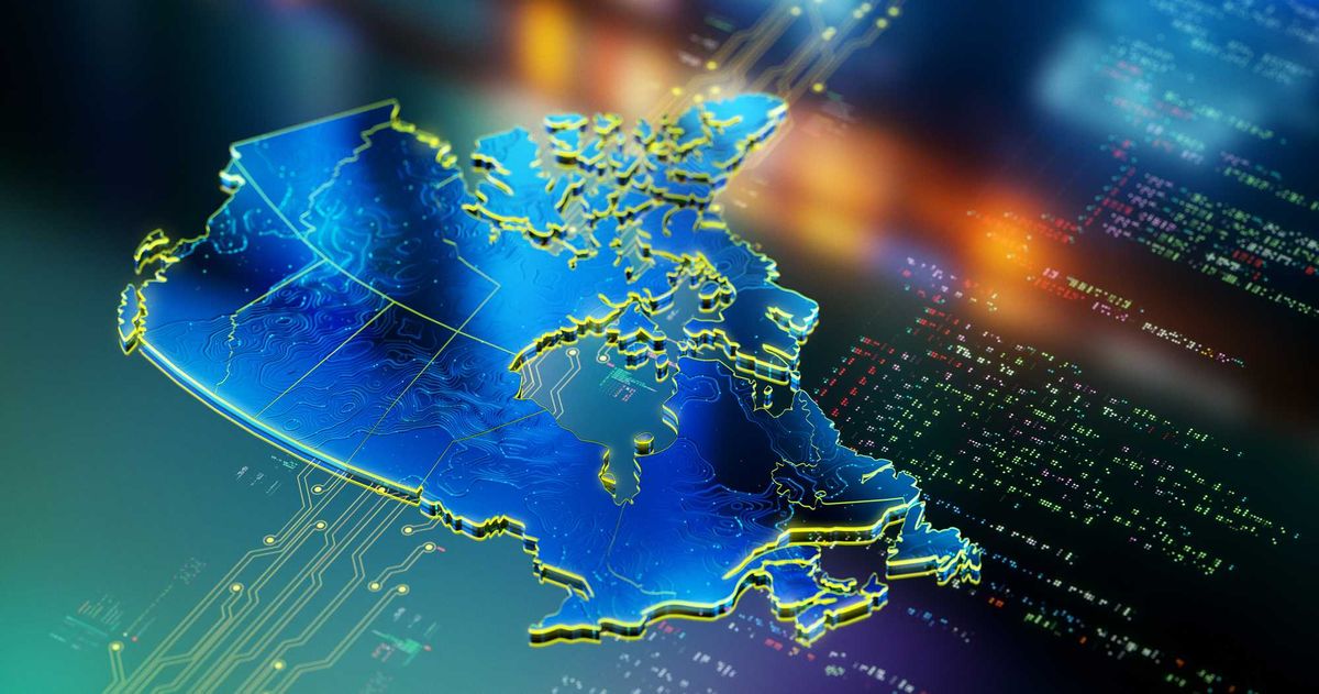 A computer chip shaped like canada placed in a motherboard