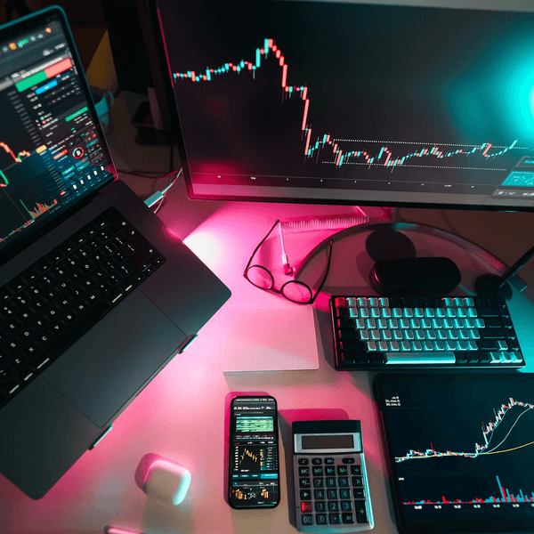 A person's desk with a computer screen, laptop, tablet, and calculator as they research stocks