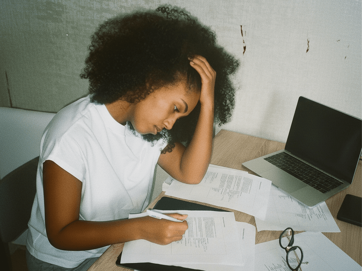 A stressed woman filling out piles of paperwork