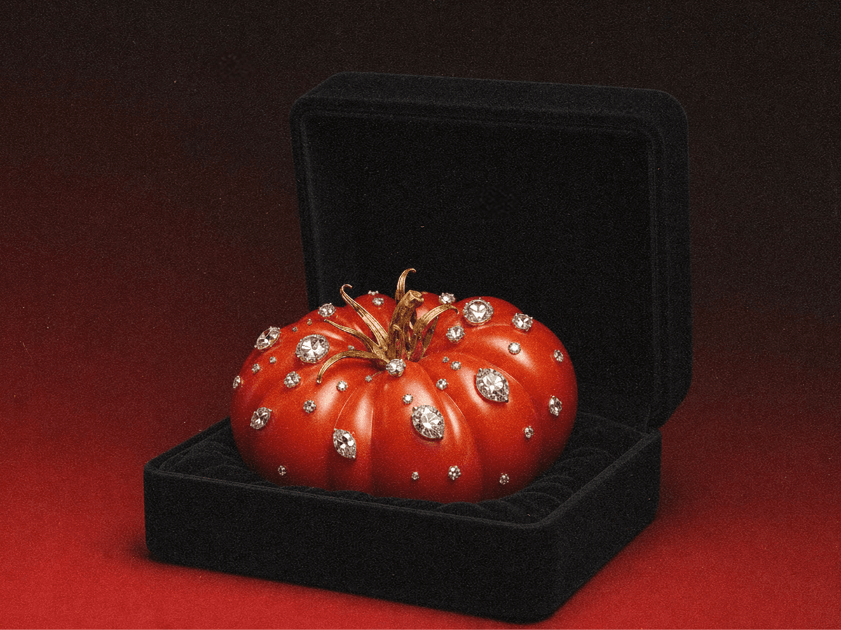 A tomato covered in diamonds, sitting in a jewelry box
