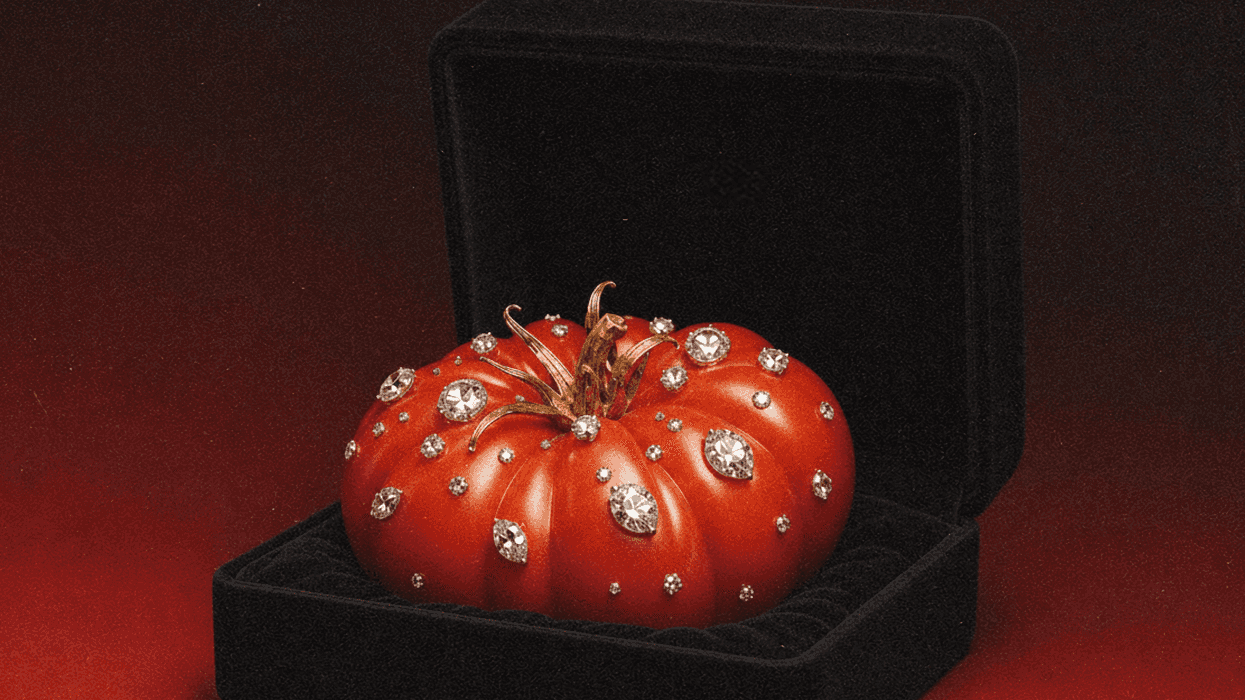 A tomato covered in diamonds, sitting in a jewelry box