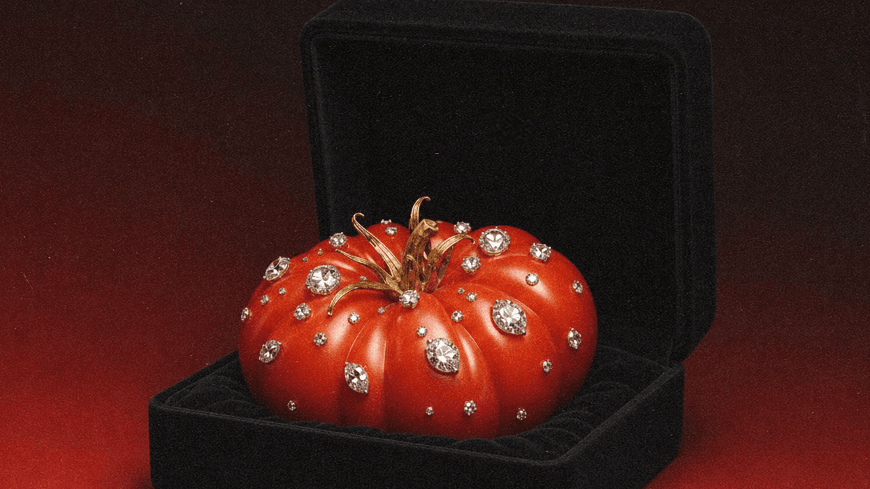 A tomato covered in diamonds, sitting in a jewelry box