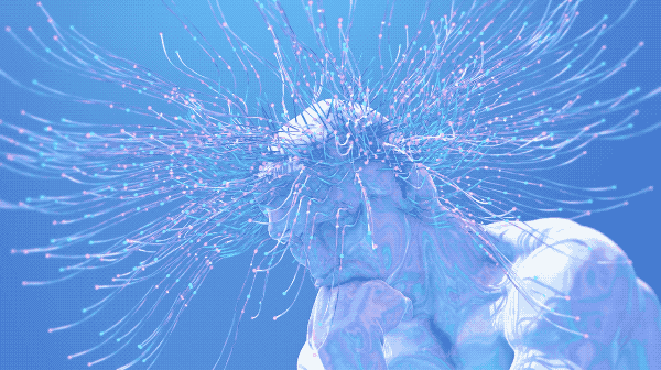 An animation of the sculpture The Thinker by Rodin with data strings coming out of its head