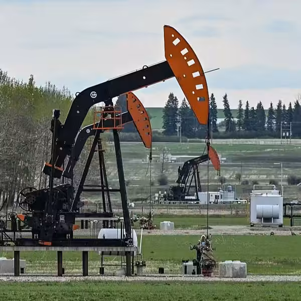 Black and orange oil pumpjacks in a green field under a cloudy sky