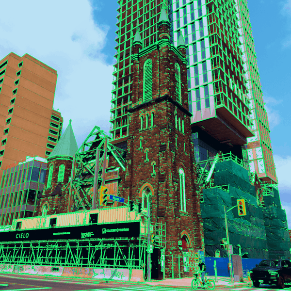 Bloor Street United church in toronto, mostly demolished with condo construction overhead