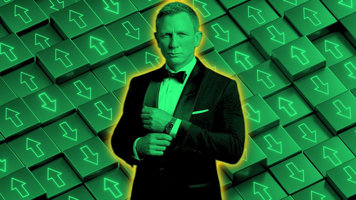 Daniel Craig as James Bond in front of a bunch of arrows going up and down