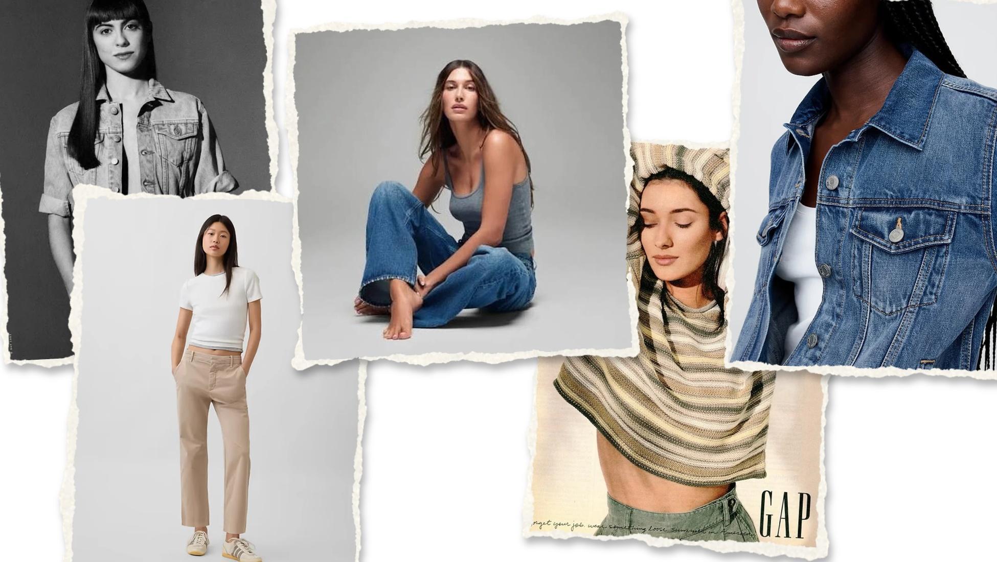 Gap fashion collage with models in casual denim, t-shirts, and chinos