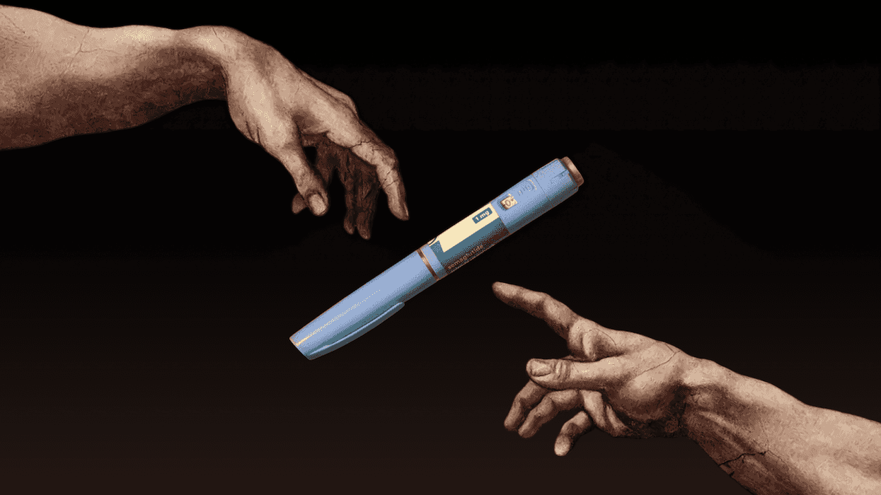 In the style of Michaelangelo's Sistine Chapel painting, two hands reach out but don't touch an Ozempic pen