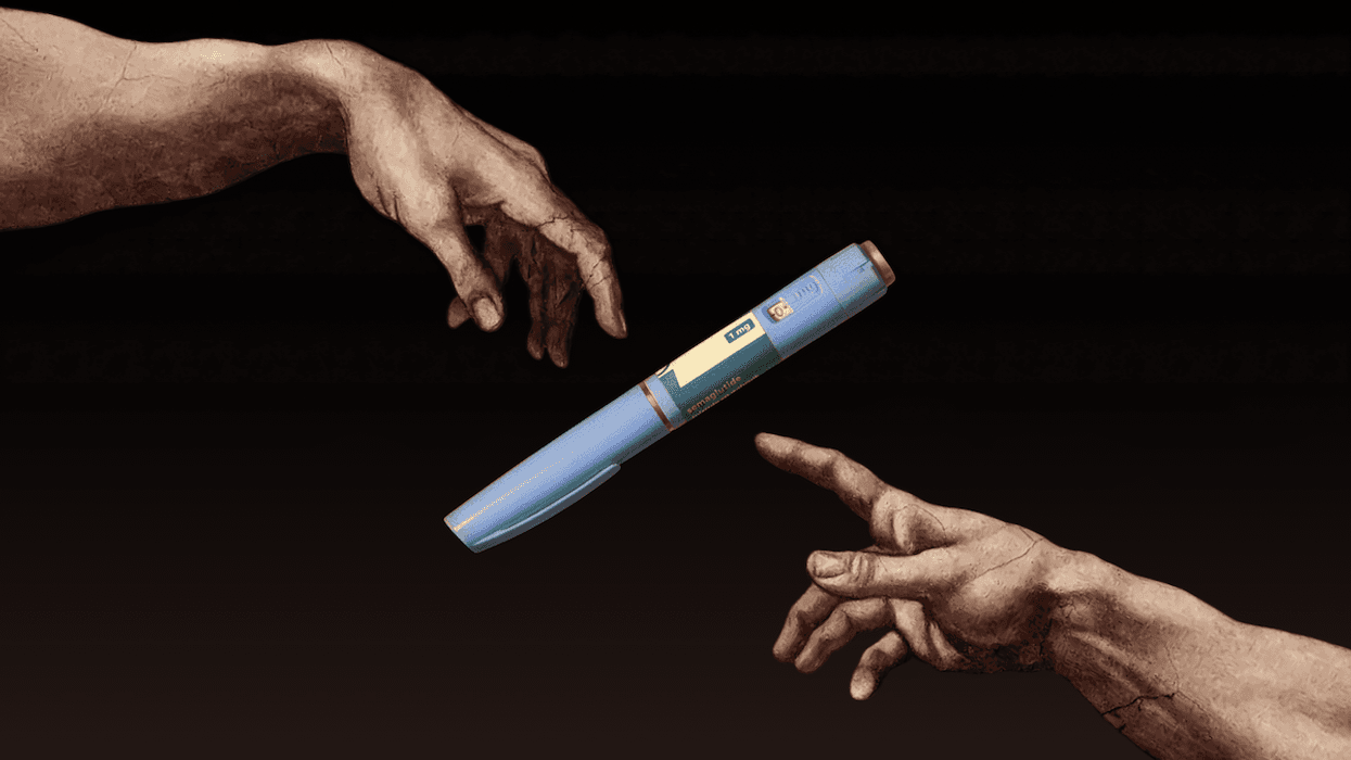 In the style of Michaelangelo's Sistine Chapel painting, two hands reach out but don't touch an Ozempic pen