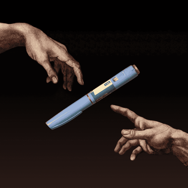 In the style of Michaelangelo's Sistine Chapel painting, two hands reach out but don't touch an Ozempic pen