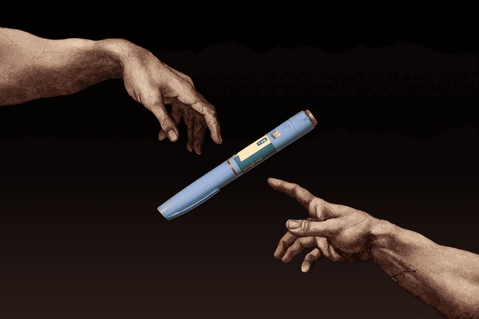 In the style of Michaelangelo's Sistine Chapel painting, two hands reach out but don't touch an Ozempic pen