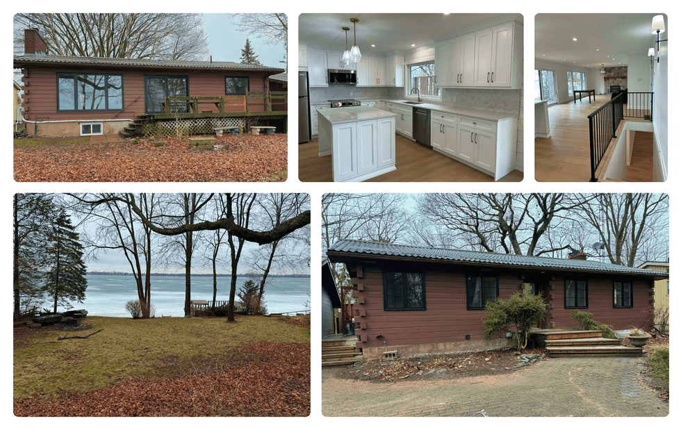 Lakefront home with rustic exterior, renovated modern kitchen, and spacious living area