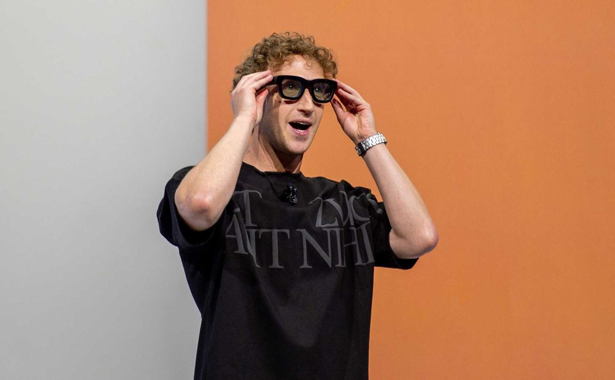 Mark Zuckerberg models the Meta glasses on stage
