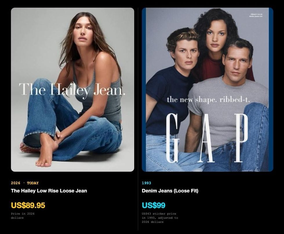 Modern Hailey Jean ad beside vintage Gap denim ad, both showcasing models in jeans.