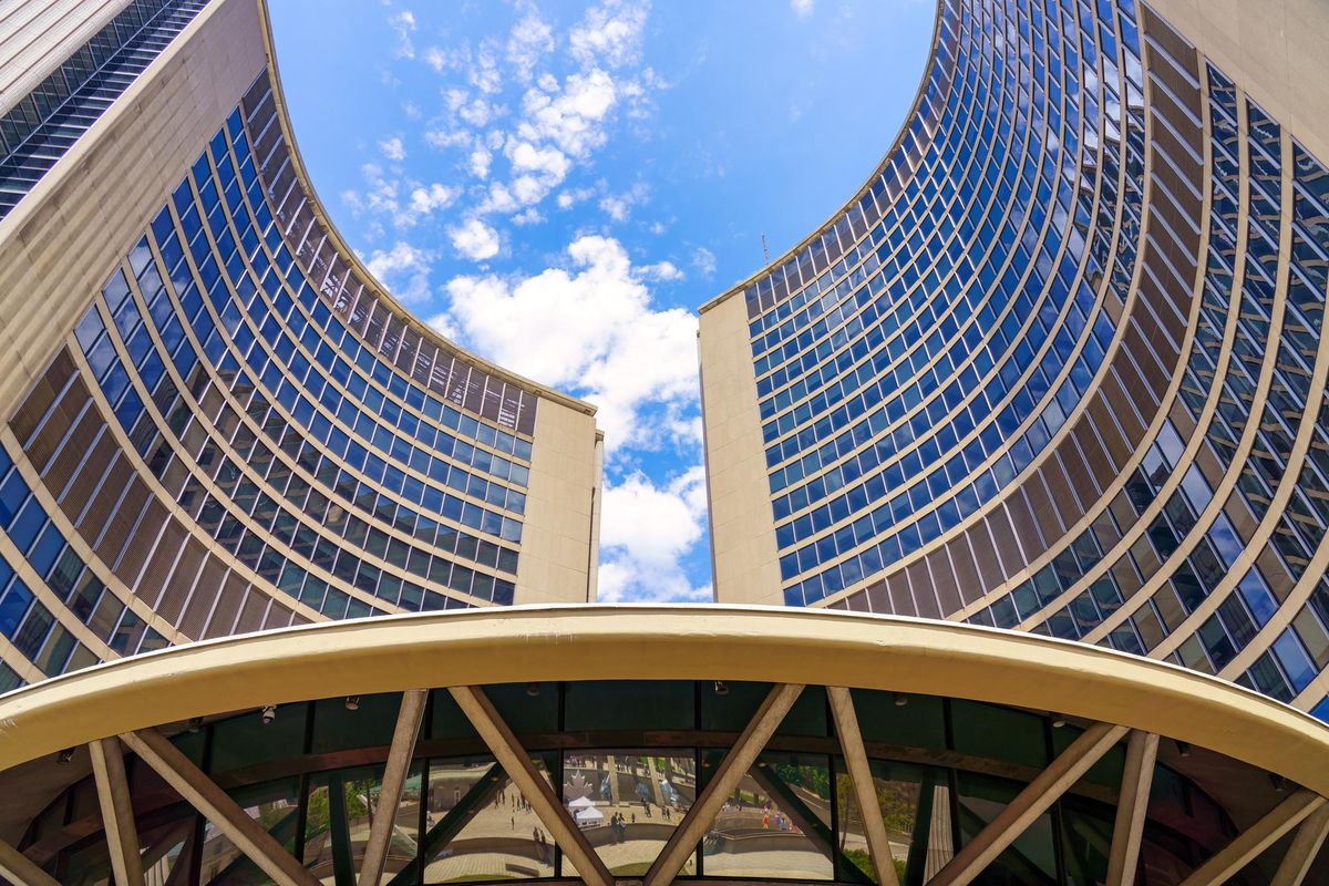 The exterior of Toronto City Hall.