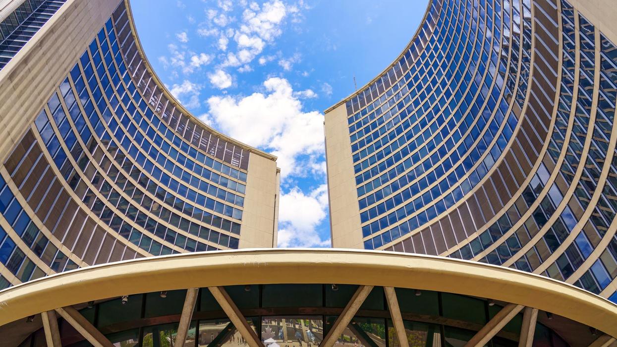 The exterior of Toronto City Hall.