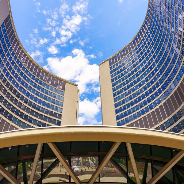 The exterior of Toronto City Hall.