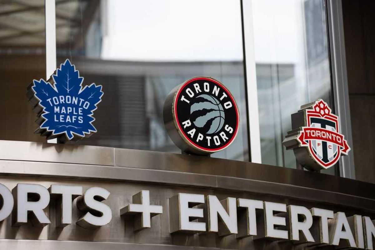 The front of the Maple Leafs Sports and Entertainment building with logo of the sports team they own