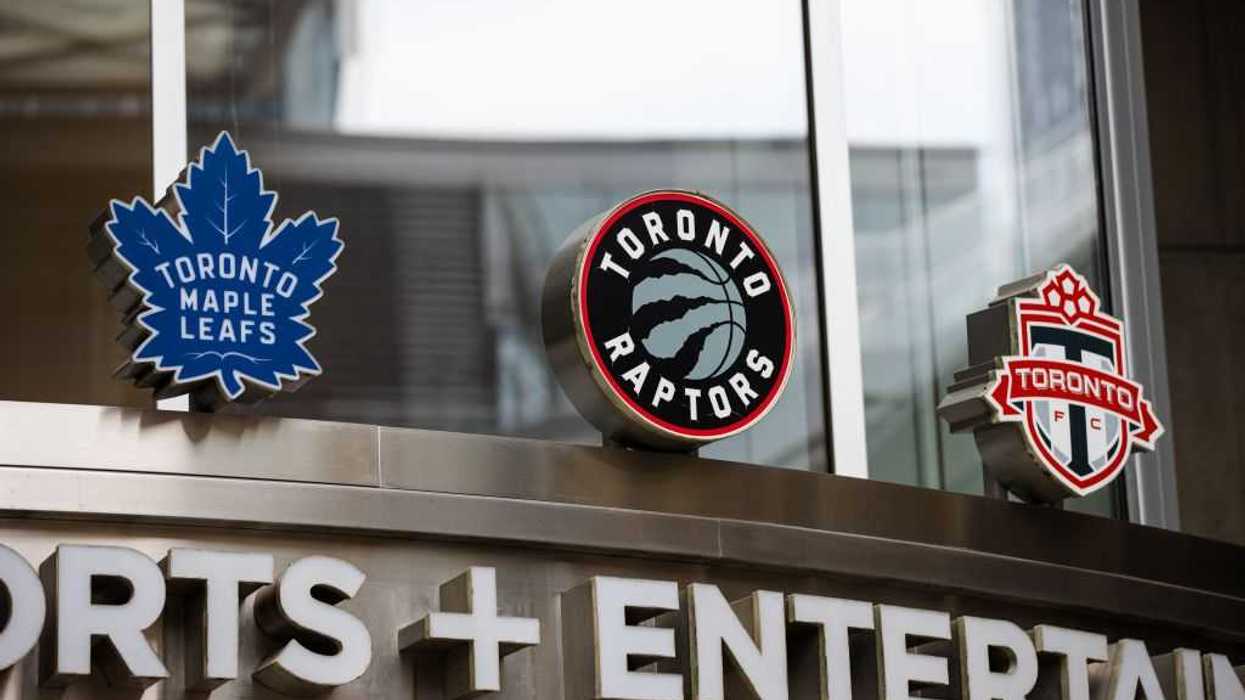 The front of the Maple Leafs Sports and Entertainment building with logo of the sports team they own