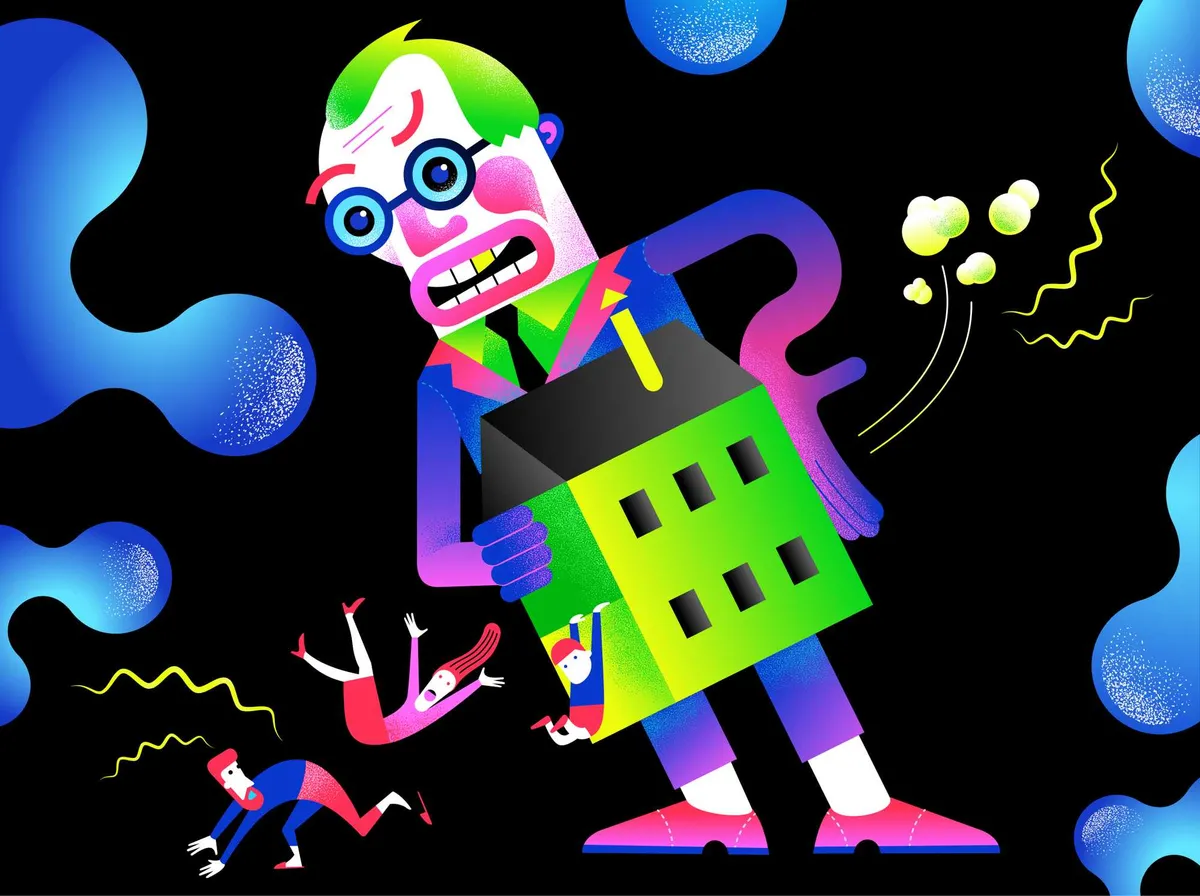 Vibrant illustration of angry man carrying a green house, people fall out and cling below