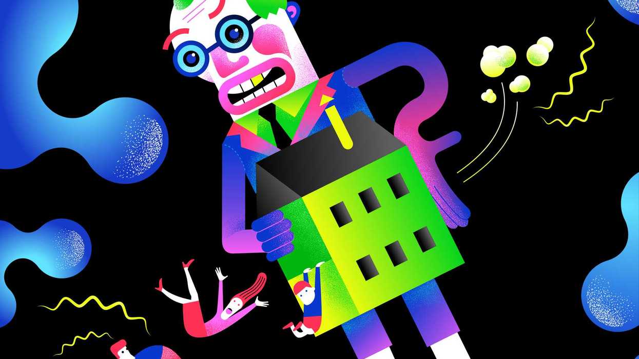 Vibrant illustration of angry man carrying a green house, people fall out and cling below