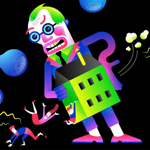 Vibrant illustration of angry man carrying a green house, people fall out and cling below